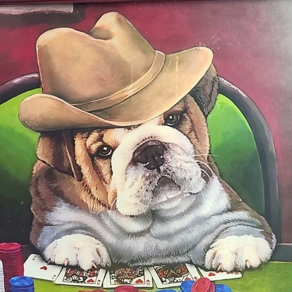 Mahogany Framed Glass English Bull Dog Pup Puppy Poker Gambling Vegas Cowboy Art - Picture 10 of 16